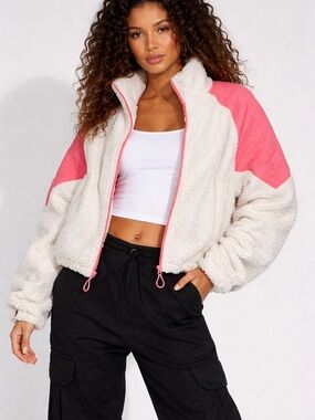 aerie Cream Sherpa Jacket with Pink Shoulder Panels
